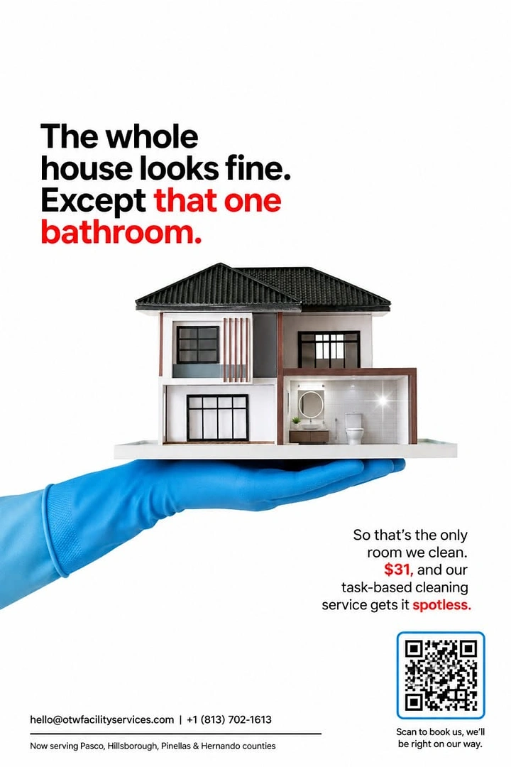 Cleaning Services creative ad: Witty 'except that one bathroom' copy