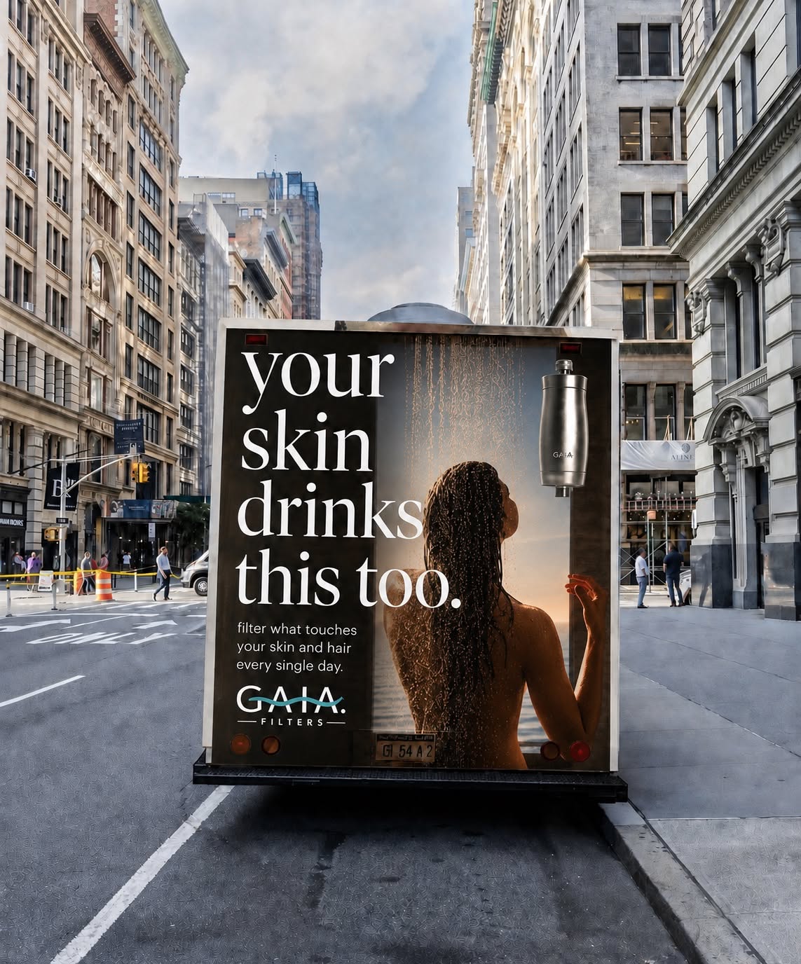 Poster: Woman showering under a filtered showerhead on a truck-side ad in a city street