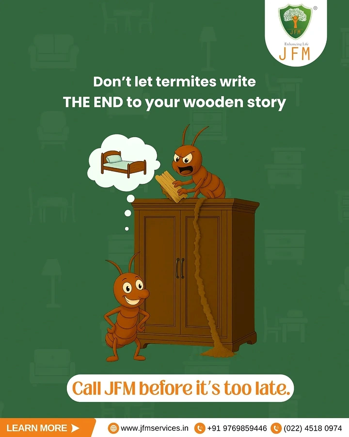 Pest Control creative ad: Termite writing 'THE END' to wooden story pun