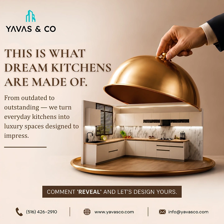 Home Renovation & Remodeling creative ad: Luxury kitchen revealed beneath a giant golden serving cloche