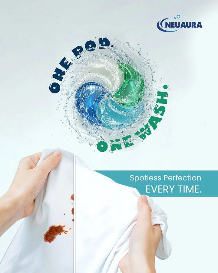 Laundry & Dry Cleaning creative ad: Headline orbits pod swirl, stain proof