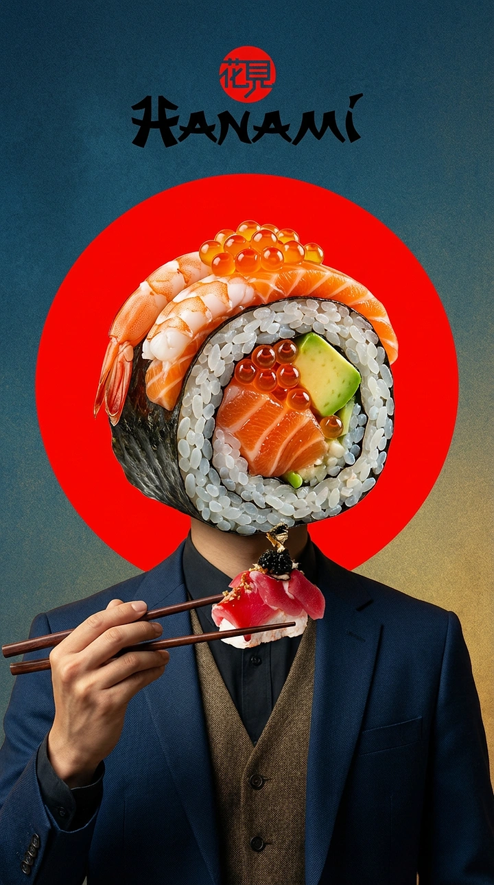 Sushi & Japanese Restaurants creative ad: Surreal sushi-headed character creates intrigue