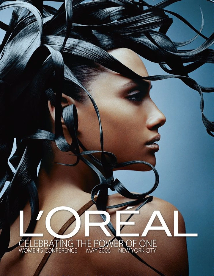 Events & Nightlife creative ad: Close-up female profile intertwined with glossy black hair ribbons