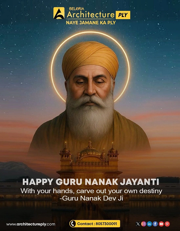 Guru Nanak Jayanti creative ad: Serene Guru portrait with a glowing halo above the Golden Temple