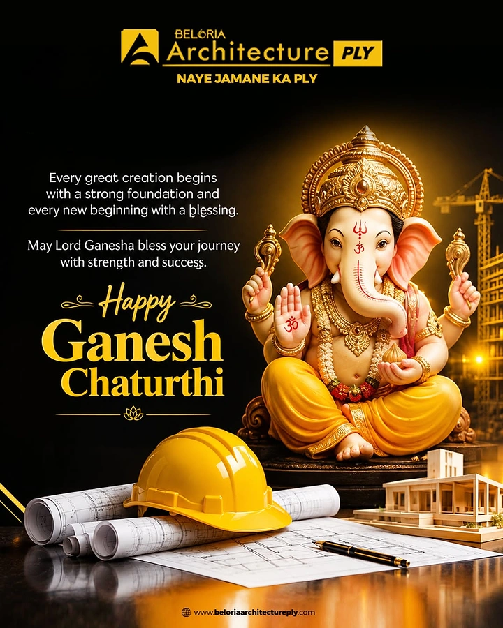 Ganesh Chaturthi creative ad: Golden Ganesha idol beside a yellow hard hat, blueprints and a building model