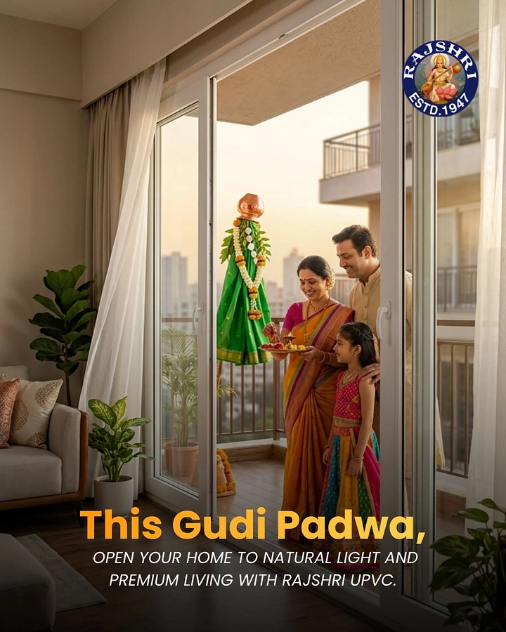 other-festival creative ad: Family performing gudi puja on an apartment balcony through open UPVC sliding doors