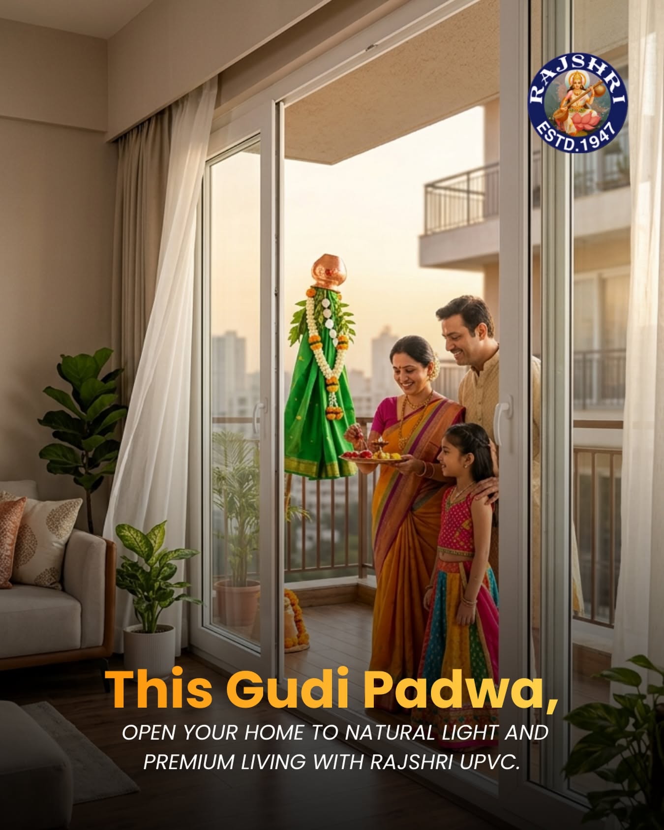 Family performing gudi puja on an apartment balcony through open UPVC sliding doors