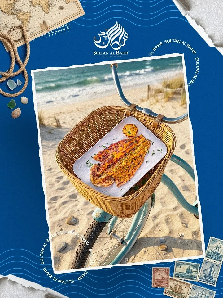 Seafood Restaurants creative ad: Beach postcard frames seafood dish