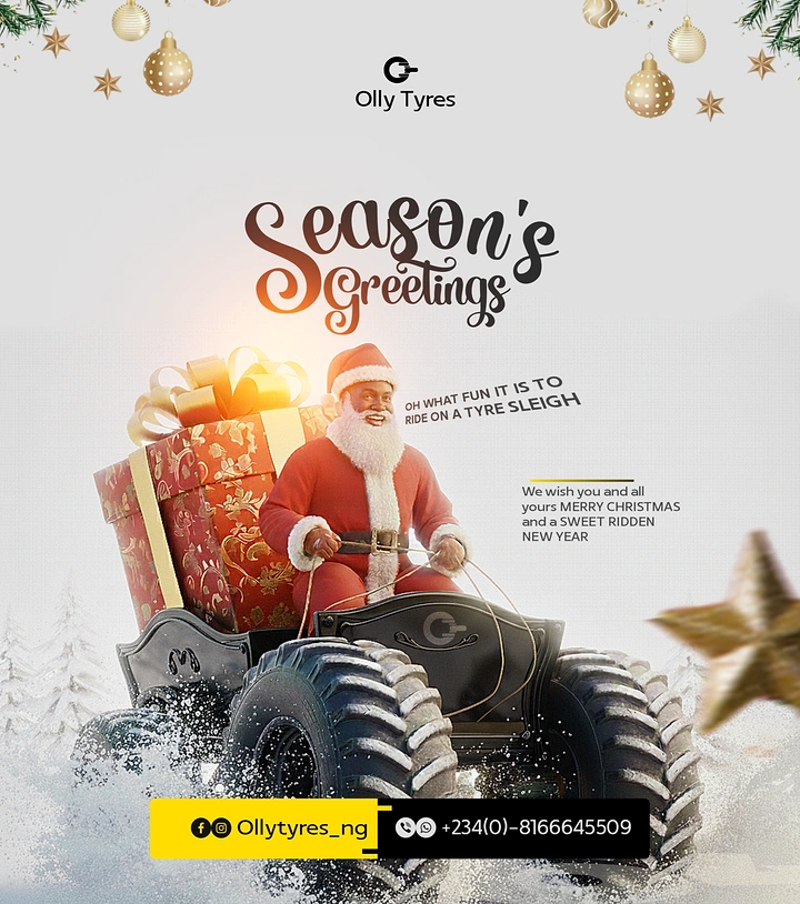 Christmas creative ad: Santa driving a monster-tyre sleigh loaded with a giant gift box through snow