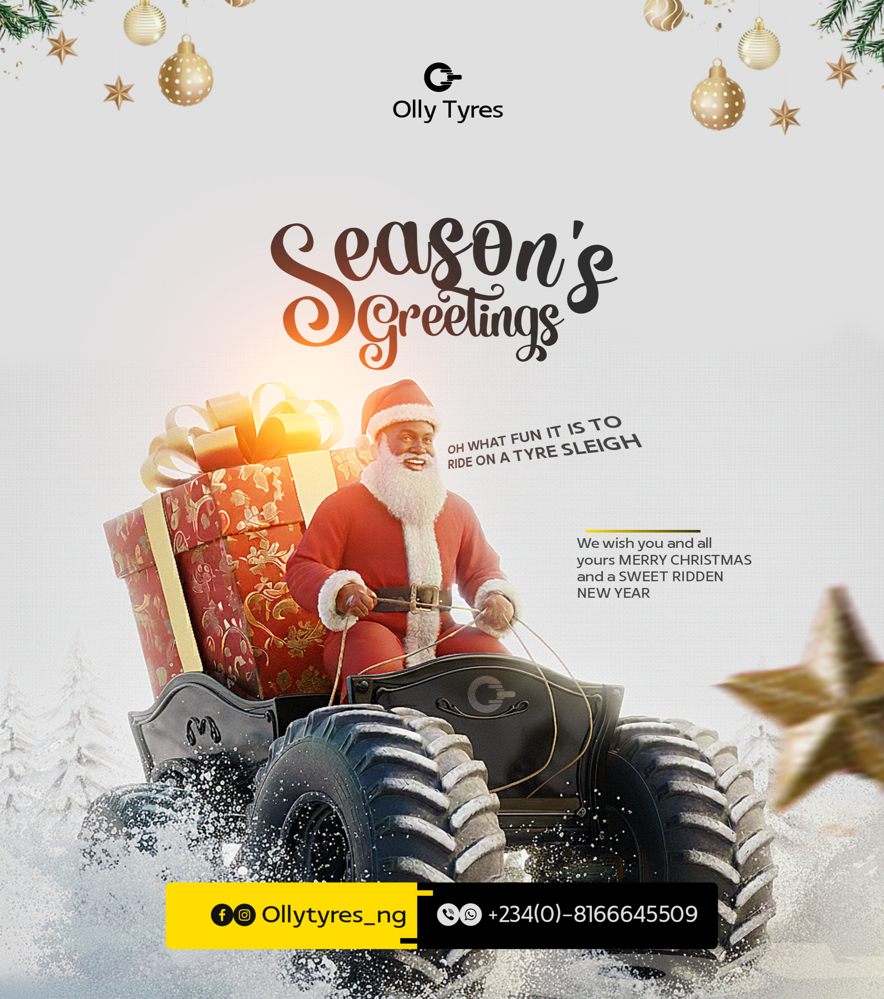 Santa driving a monster-tyre sleigh loaded with a giant gift box through snow