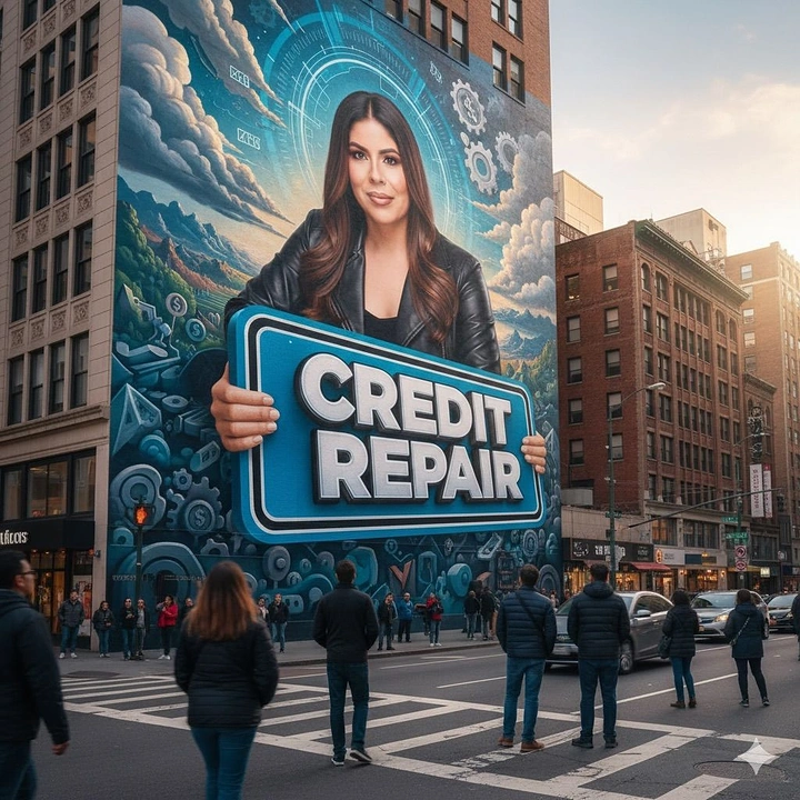 Credit Repair & Credit Score Services creative ad: Surreal street scene elevates credit message