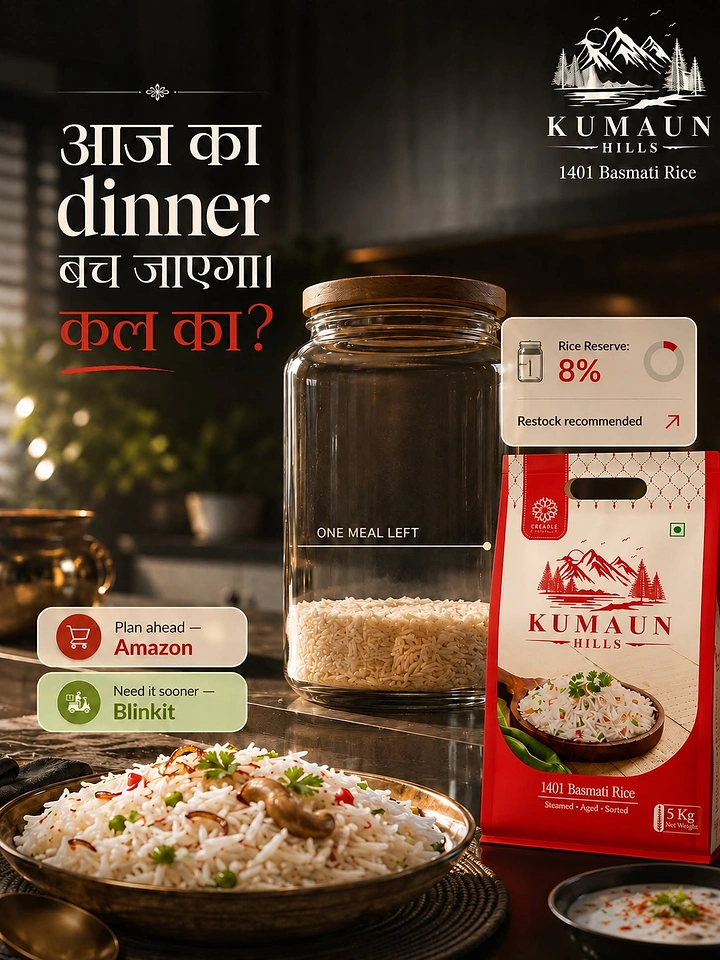 FMCG creative ad: Nearly empty glass rice jar with a low-stock UI indicator beside the product pack