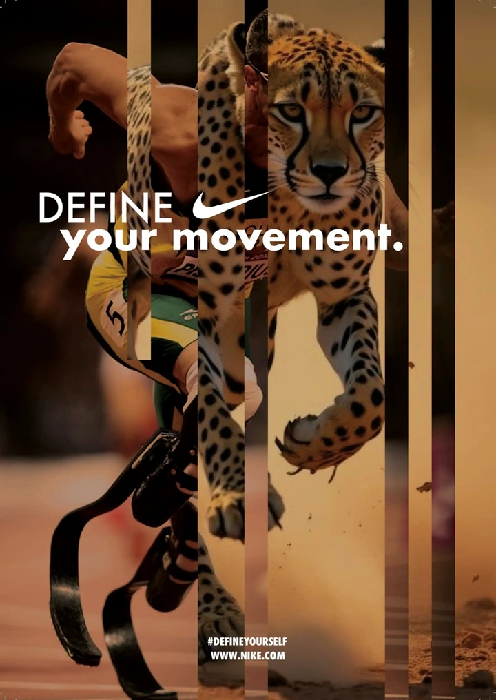 Activewear & Gym Wear creative ad: Para-athlete sprinter merged with a charging cheetah via vertical strips