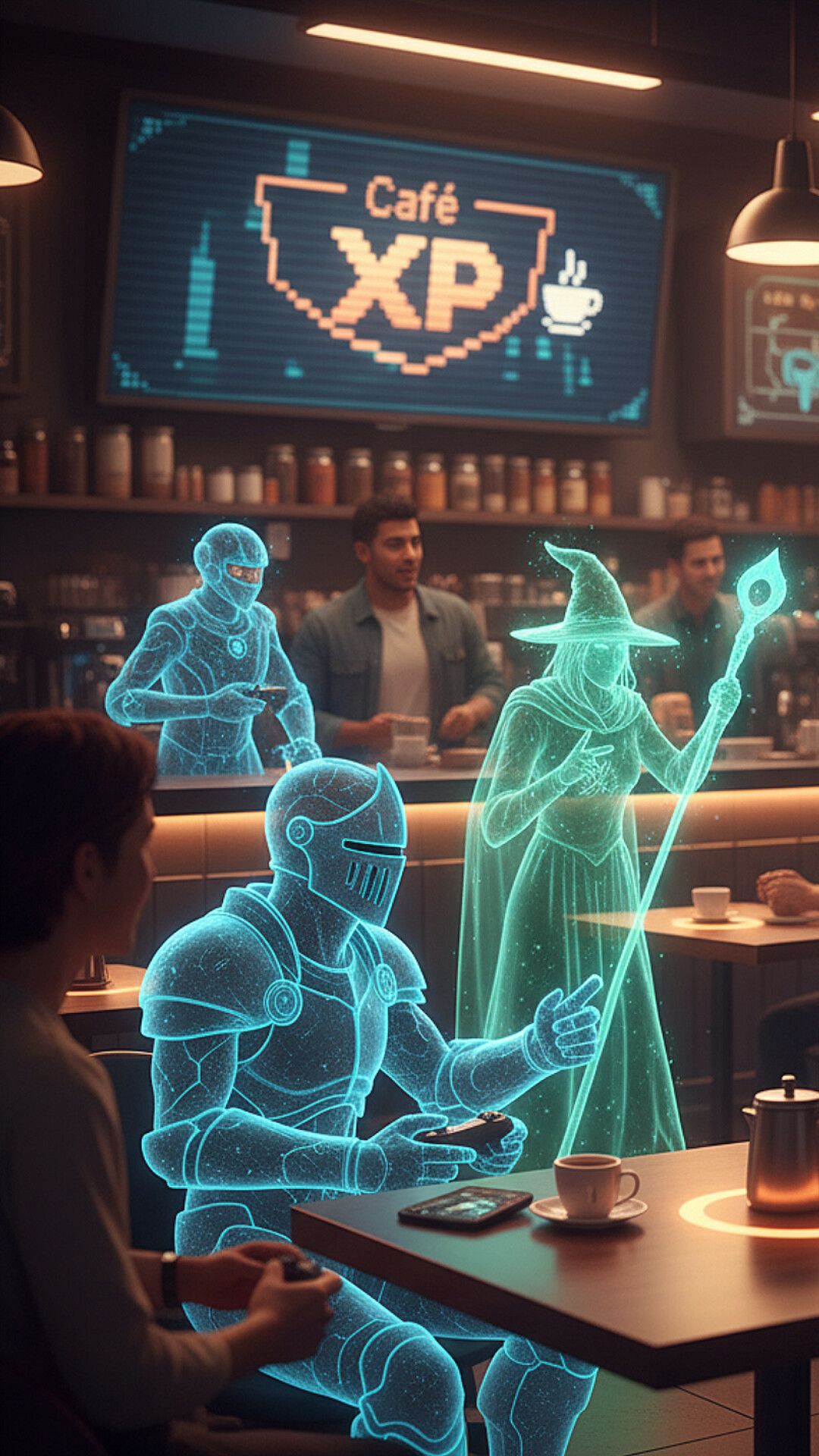 Story: Holographic game characters sharing cafe tables