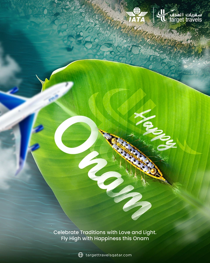 Onam creative ad: Snake boat rowing across a giant banana leaf with a plane flying past