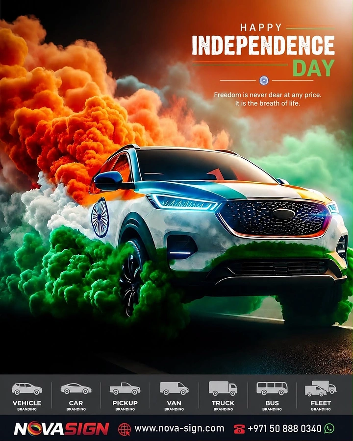Independence Day creative ad: SUV wrapped in a tricolour livery bursting through saffron, white and green smoke