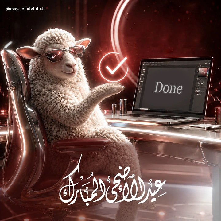 Eid creative ad: Sheep in sunglasses at a desk with a laptop