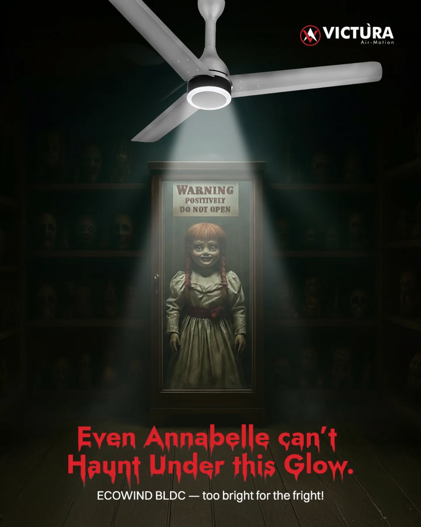 Halloween Instagram post: Ceiling fan's LED light spotlighting a haunted doll in a glass case