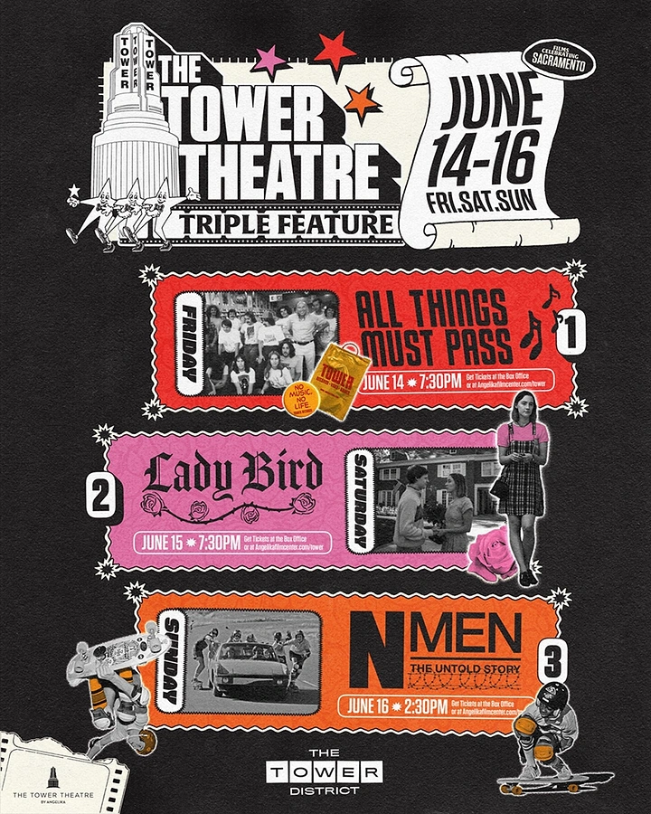 Events & Nightlife creative ad: Three ticket-shaped film listings under a theatre marquee header