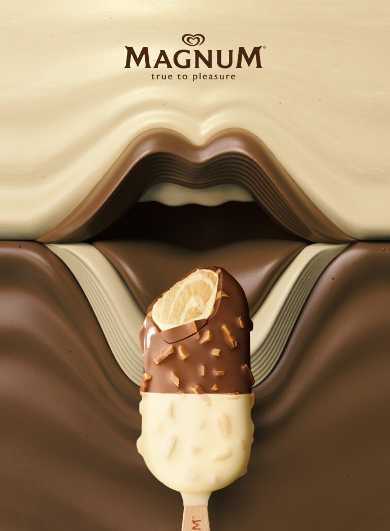 Poster: Bitten chocolate-and-white coated ice cream bar in front of molten chocolate shaped like lips