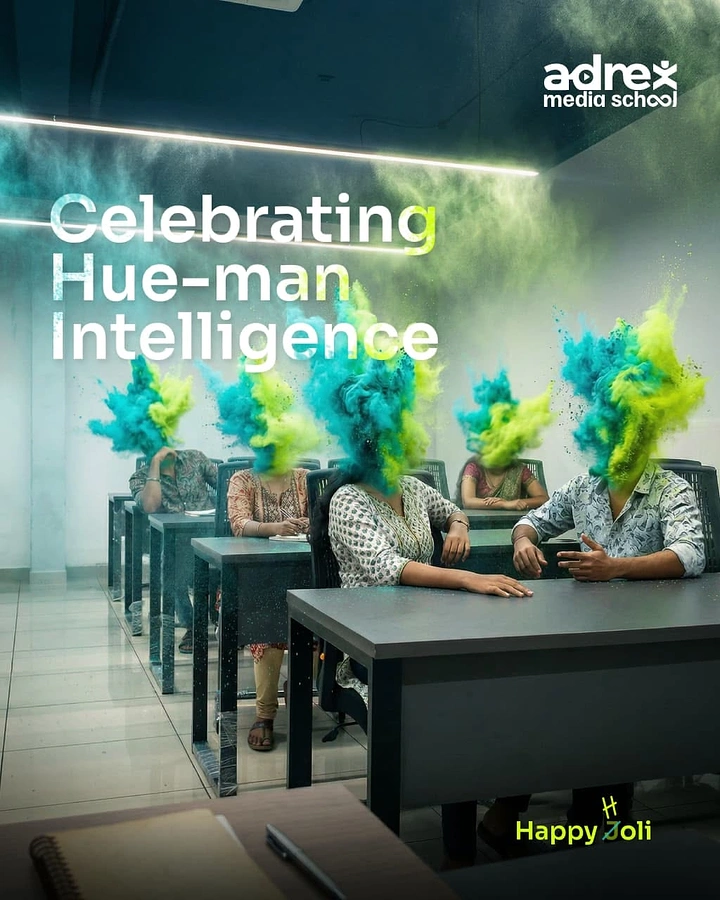Holi creative ad: Students at classroom desks whose heads are replaced by teal and lime powder explosions
