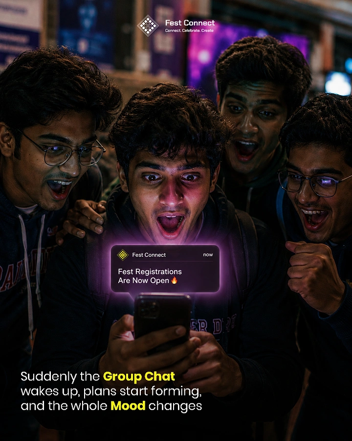 Events & Nightlife creative ad: Four excited young friends reacting to an event registration notification on a phone