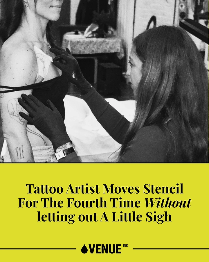Tattoo Studios creative ad: Witty headline joke about stencil sighing