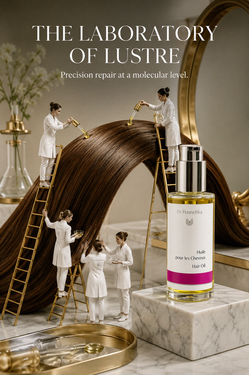 Poster: Hair-oil bottle staged in a miniature laboratory built around a sweeping lock of hair