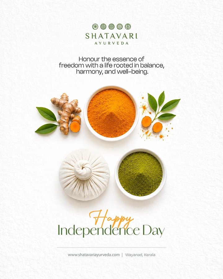 Independence Day creative ad: Bowls of turmeric and green herbal powder with potli arranged as tricolour