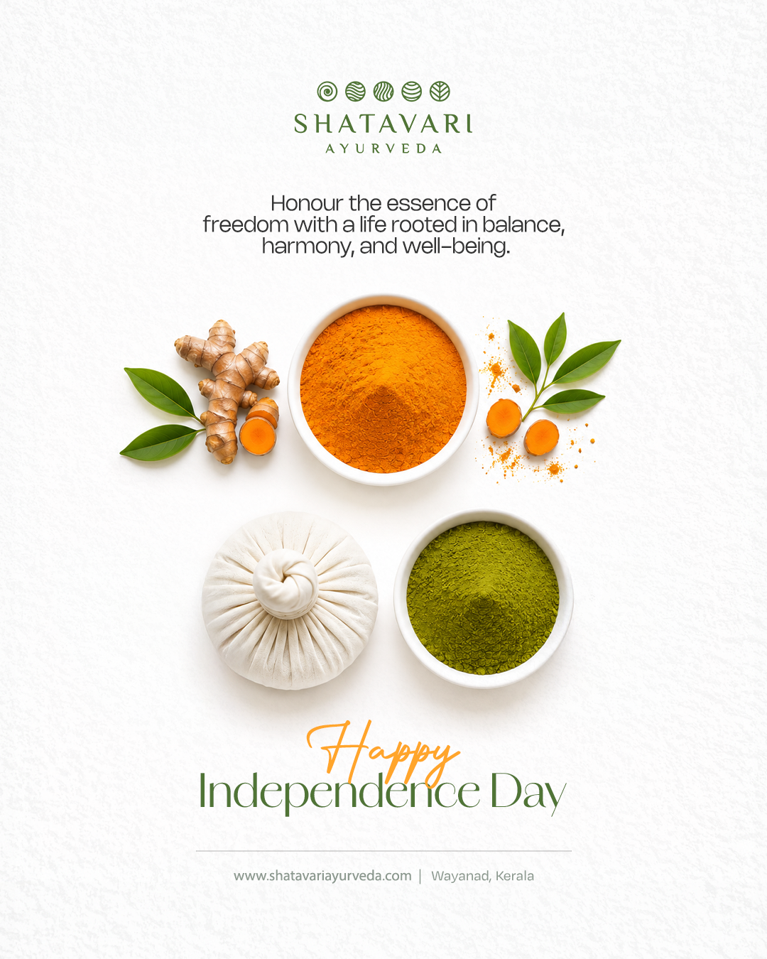 Independence Day Instagram post: Bowls of turmeric and green herbal powder with potli arranged as tricolour