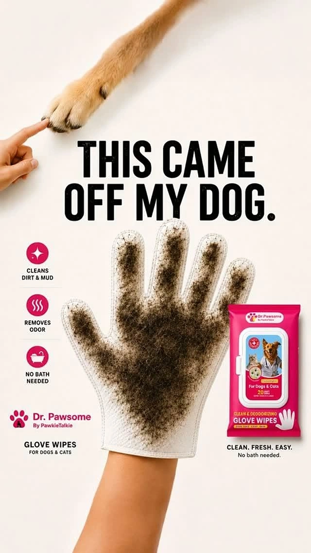 Pet Grooming creative ad: Dirty glove wipe proof, 'came off my dog'
