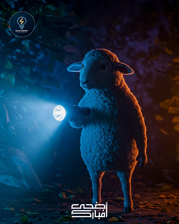 Eid creative ad: Standing sheep holding a bright flashlight at night