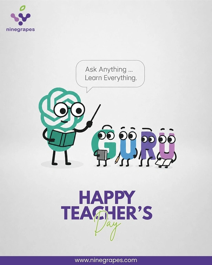 Teachers Day creative ad: Cartoon AI-logo teacher instructing letter characters that spell GURU