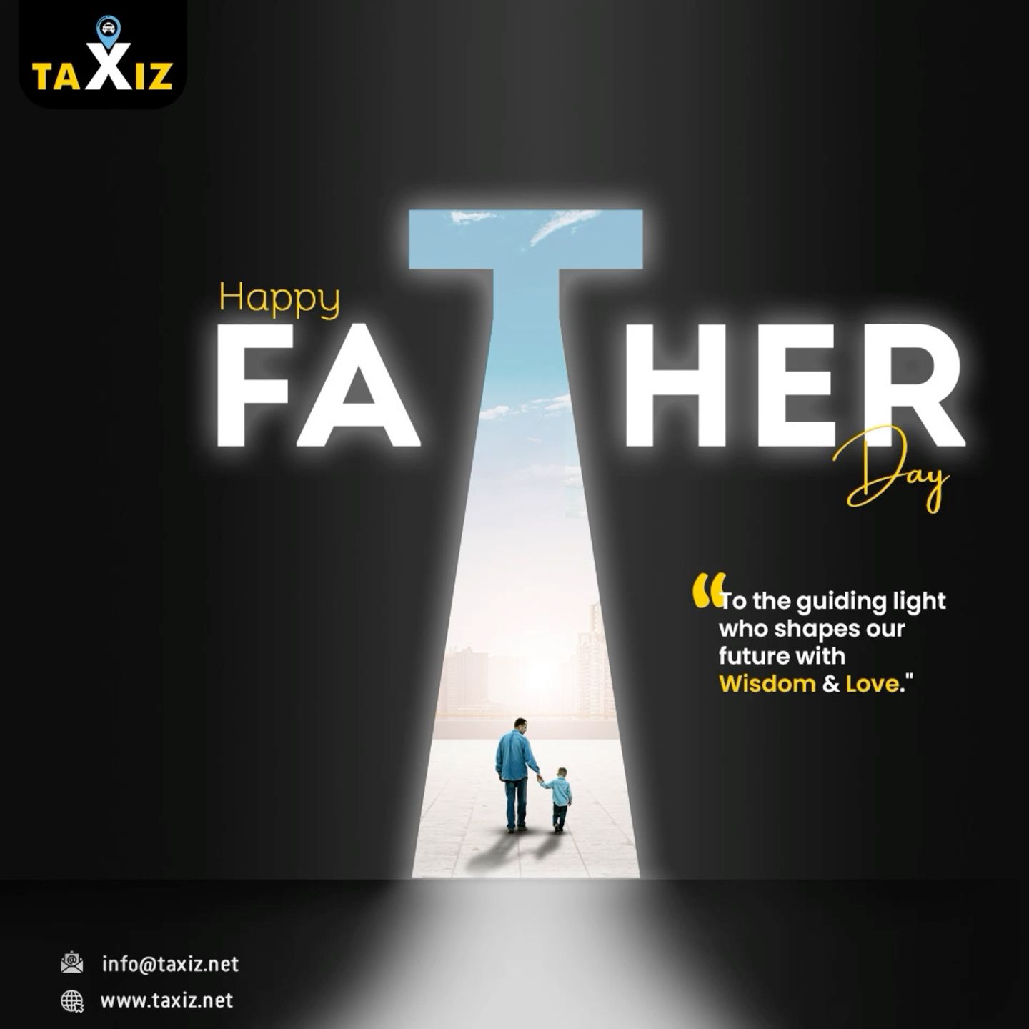 Father and son walking inside a T-shaped light portal
