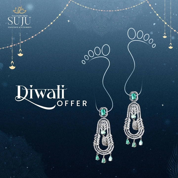 Diwali creative ad: Emerald chandelier earrings hanging from line-drawn Lakshmi footprints
