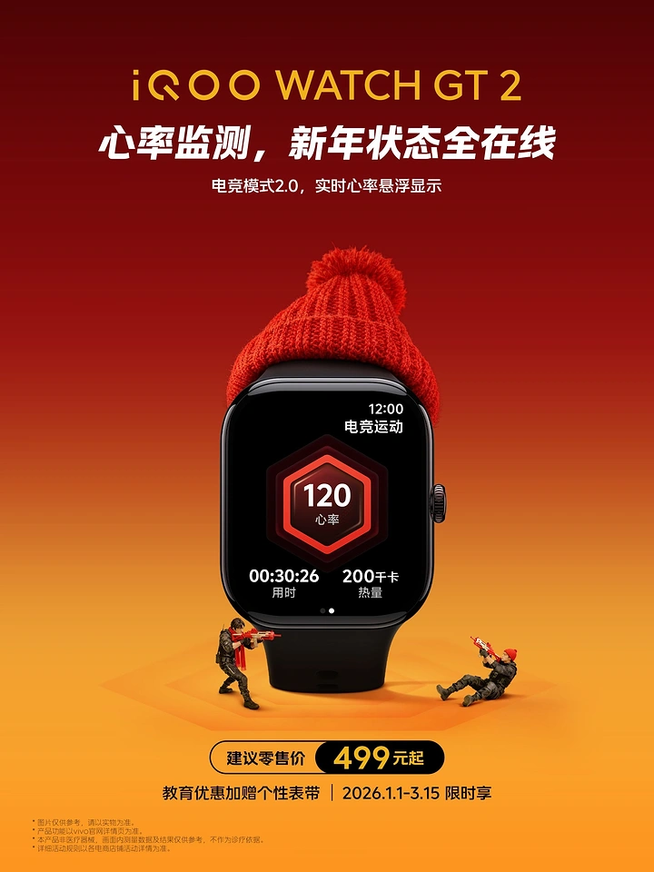 New Year creative ad: Smartwatch wearing a red knit beanie, flanked by toy soldiers