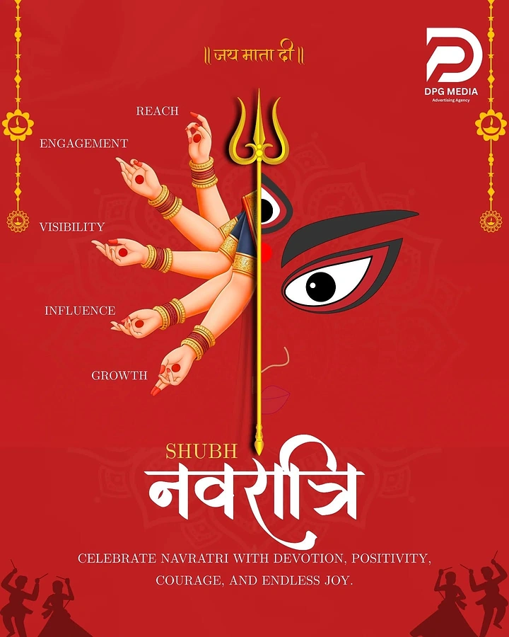 Navratri creative ad: Half-face of Durga with many arms and a trishul