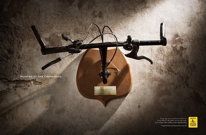 Nonprofit & Social Cause creative ad: Bicycle handlebar mounted like a hunting trophy