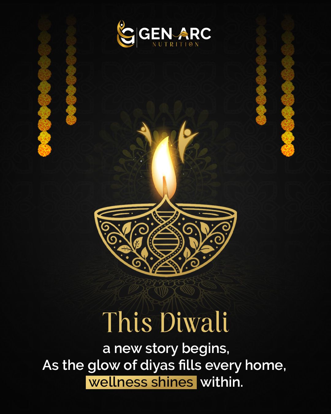 Diwali Instagram post: Gold line-art diya with a DNA helix and a glowing flame