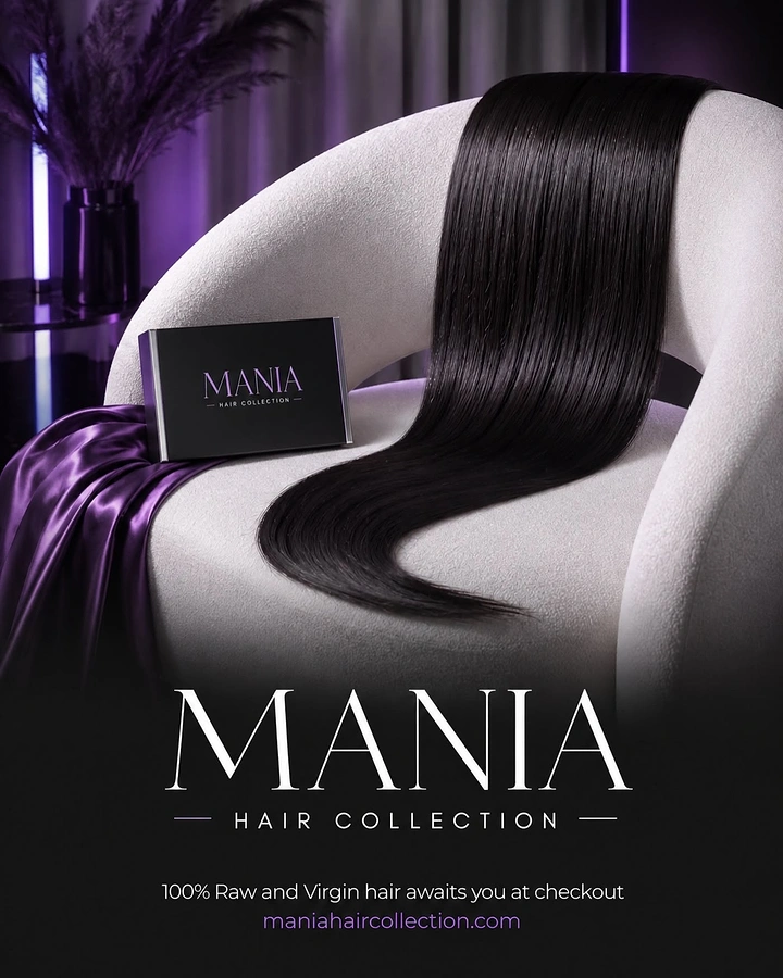 Wigs & Hair Extensions creative ad: Long straight black hair bundle draped over a white boucle armchair beside a branded box
