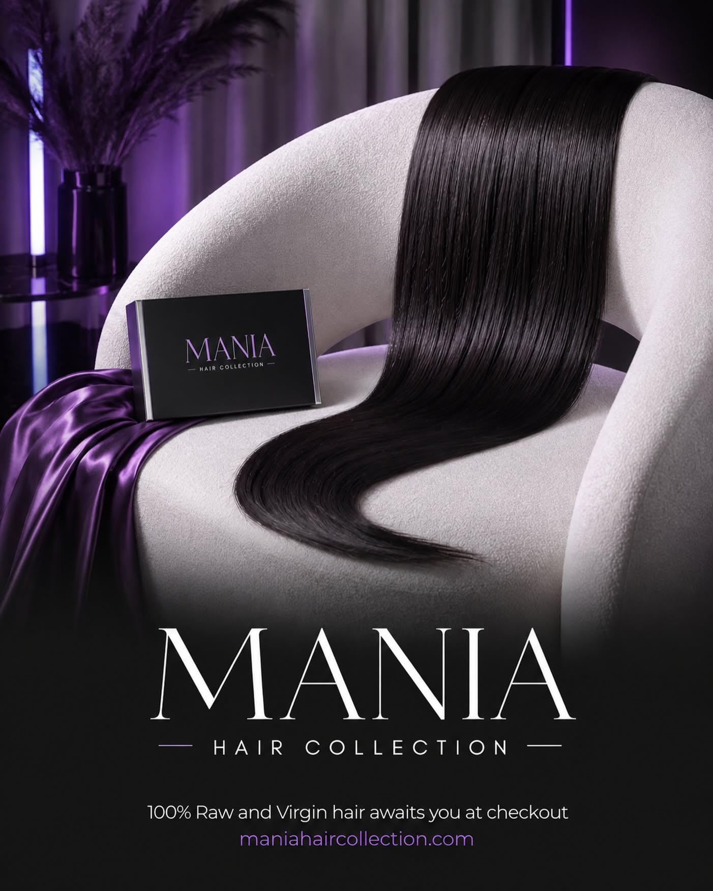 Instagram post: Long straight black hair bundle draped over a white boucle armchair beside a branded box