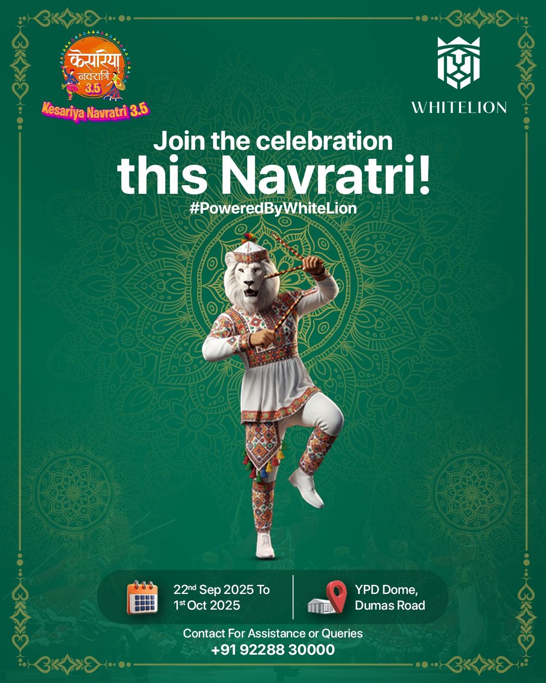 Navratri Poster: Garba celebration announcement with a stylized lion-headed dancer