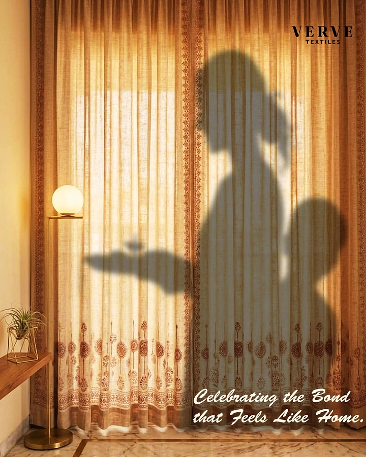 Raksha Bandhan creative ad: Silhouettes of sister holding a thali and a child cast on a sunlit block-print curtain