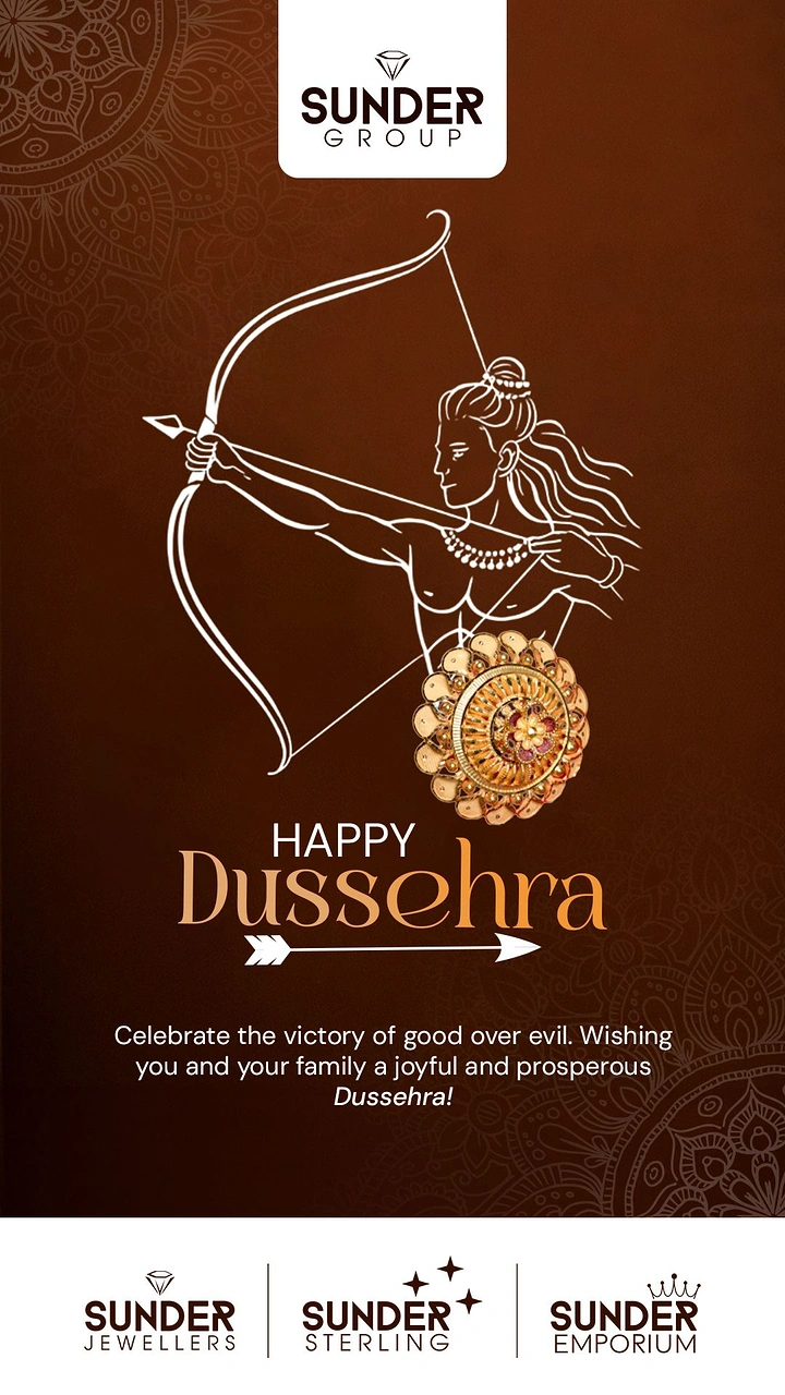Dussehra creative ad: White line-art Rama drawing a bow, with a gold ring as the shield