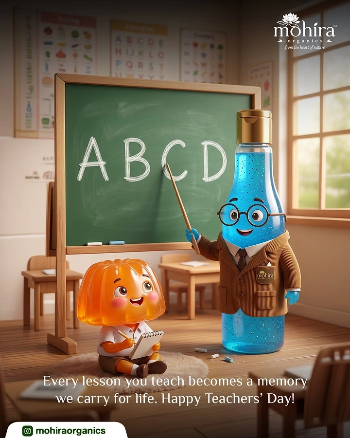 Teachers Day creative ad: Blue gel bottle character in a blazer teaching an orange jelly student