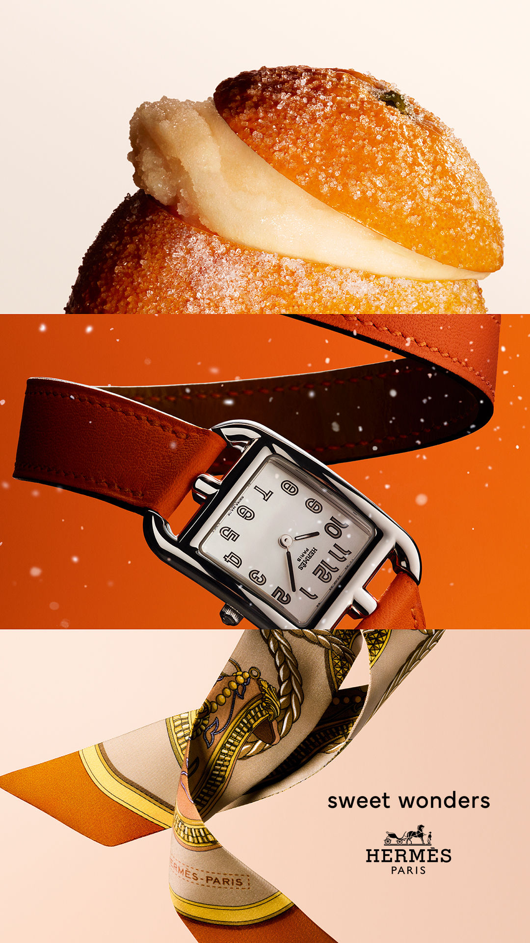 Christmas Story: Sugared cream pastry, orange-strap watch and twisted silk scarf in three stacked bands