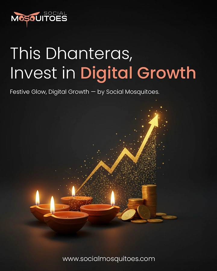 Dhanteras creative ad: Lit clay diyas and gold coin stacks with a glowing upward growth arrow