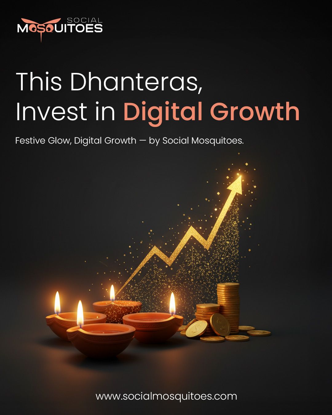 Lit clay diyas and gold coin stacks with a glowing upward growth arrow