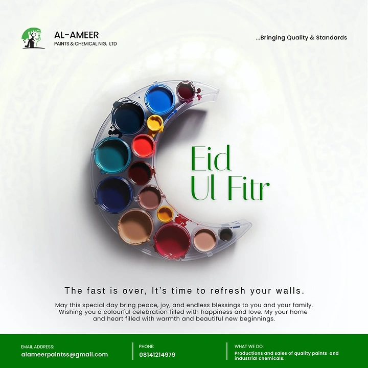 Eid creative ad: Crescent-shaped clear tray filled with open paint pots in many colours