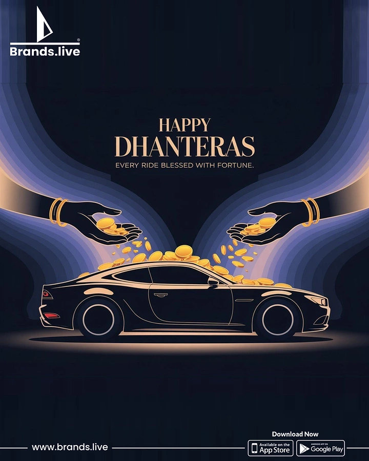 Dhanteras creative ad: Two bangled hands pouring gold coins onto a sleek car